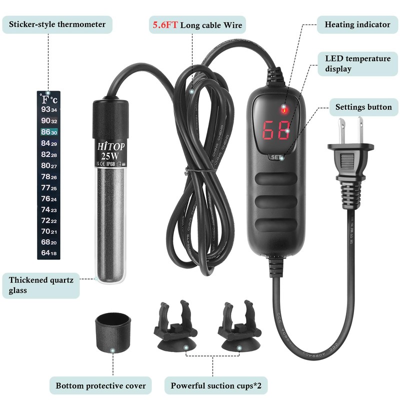 HITOP Mini Submersible Aquarium Heater - 50W Digital Heater for