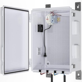 Outdoor Electrical Box with Thermostat and Fan, Ventilated Design, Cable Grommets, Indoor/Outdoor Use with Mounting Panel. (Grey Cover, 17.7"x13.7"x7.9")