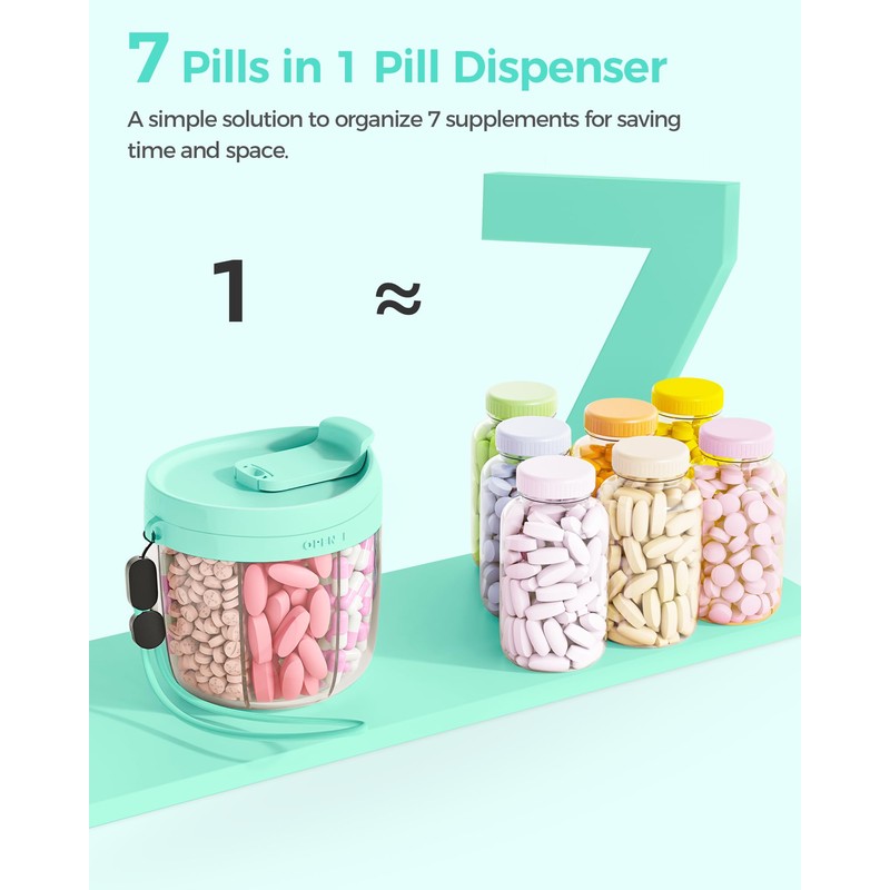 AMOOS Cute Pill Dispenser with 7 Large Compartments, Portable Pill