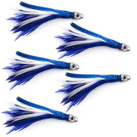 5pcs Fish WOW!® 4" Mini Feather 1/2oz Bullet Chrome Head Trolling Tuna Lure Squid Skirts - Blue White