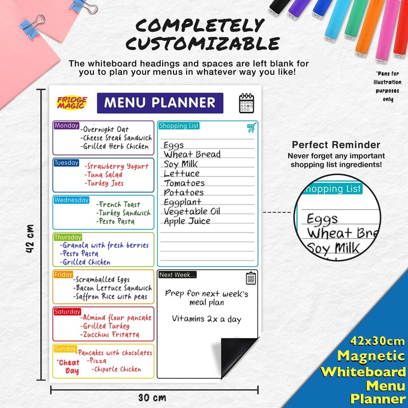 Magnetic Whiteboard for Fridge: Multi-Functional Meal Menu Planner, with Colourful