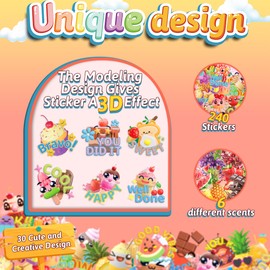 HORIECHALY 240 Pcs 3D Large Food Scratch and Sniff Stickers, Motivational Reward Scented Stickers for Kids & Teachers, Smelly Stickers for Classroom, Birthday, Student Party, School