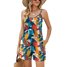 LOMON Womens Summer Casual Spaghetti Strap Beach Rompers Scoop Neck Cami Shorts Romper Jumpsuit with Pockets Colorful Foliage XL