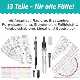 CALCUSO Geometry Set Pro in Red Pencil Case with Compass and Set Square - Perfect Mathematics Set for School, Office, University and Drawings - Ideal as a Geometry Set for Secondary School