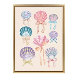 Kate and Laurel Sylvie Seashell Bows Framed Canvas Wall Art by Honey Island Studio, 18x24 Bright Gold, Cute Coastal Beach Art for Wall