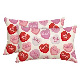 AVOIN colorlife Valentine's Day Pink Candy Heart Throw Pillow Cover, 12 x 20 Inch Anniversary Wedding Cushion Case Decoration for Sofa Couch Set of 2