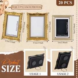 Wonderjune 20 Pcs Vintage Mini Gold Magnetic Picture Frames for 2.5"x3.5" Picture Bulk, Small Wallet Photo Frames Antique Embossed Decorative DIY Crafts Pictures Holder for Fridge, Table, Locker