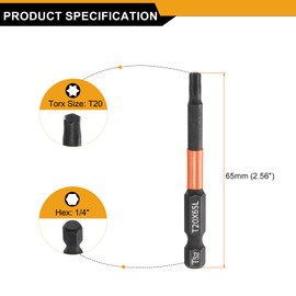 HARFINGTON 3pcs T20 Torx Head Screwdriver Bit 2.56" (65mm) Long 1/4" Hex Shank Magnetic No Hole Tamper Proof 6 Point Star Screw Driver Drill Bits Phosphate S2 Steel Industrial Power Tools
