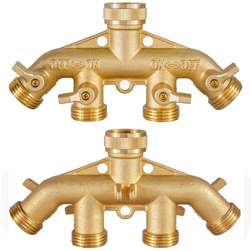 4 Way Garden Hose Splitter 3/4" GHT Solid Brass Hose