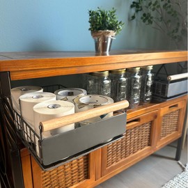 Pull out cabinet drawer organizer with wooden handle, Easy to install, Adhesive or screw on, for Kitchen, pantry, bathroom, or bedroom. W 9.25in x L 15.5in H 4.4 in (2 Pack)