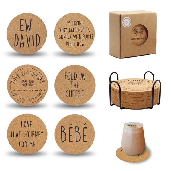 Funny Set of 6 Cork Coasters with Holder Apothecary Absorbent