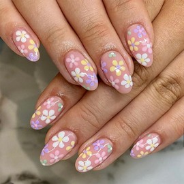 Flower Press on Nails Short Oval OFDNE Nude Fake Nails False Nails with Designs Cute Floral Full Cover Glossy Glue on Nails Spring Summer Acrylic Nails for Women Girls 24 Pcs