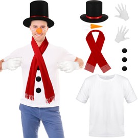 Hotop 9 Pcs Christmas Snowman Costume Kit for Adult Red Scarf Hat White T-shirt Gloves Carrot Nose Black Pom (X-Large)
