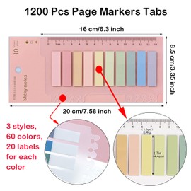 Taicols Sticky Tabs, 1200Pcs Page Markers Tabs, Writable&Repositionable Page Index Tabs File Flags with Ruler, Book Tabs, Sticky Note Tabs for File Classification Key Marking Reading Notes Sticky Tabs