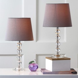 Safavieh Lighting Collection Nola Stacked Crystal Ball/ Light Grey Shade 16-inch Bedroom Living Room Home Office Desk Nightstand Table Lamp (Set of 2) - LED Bulbs Included