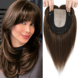 OLLAVO Hair Toppers for Women Real Human Hair, 360° 3D Toppers Pieces for Women with Thinning Crown Wispy Bangs 12 Inch Upgrade Big Basement (Mocha Brown, 12 Inch Wispy Bangs)