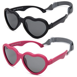 Hycredi Baby Heart Shaped Sunglasses - with Strap Adjustable Polarized Shades for Newborn Infant Age 0-24 Months - (Black/Grey + Red/Grey