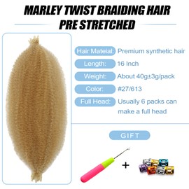 Marley Twist Braiding Hair 16 Inch 27/613 Marley Hair for Soft Faux Locs Spring Twist Hair Passion Twist Hair Cuban Twist Hair Butterfly Locs Crochet Hair Kinky Afro Curly Braiding Hair Pre Stretched