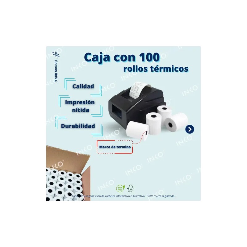 100 Rollos Térmicos INKO 57x60 Impresora 58mm Miniprinter Color Blanco