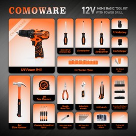 COMOWARE Household Tool Set with 12V Cordless Drill Driver, Hand Tool Kit for Men, Power Drill Set with Plastic Toolbox, Ideal for Office, Garden, DIY Project, Orange