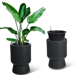 GarveeLife 14.2" Planters Set of 2, Outdoor＆Indoor Black Planter Pots, Planter Pots with Inner Bucket and Water Level Monitor, for Patio, Porch, Living Room, or Home Office, Classic Black