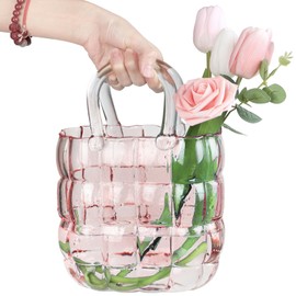 Unique Pink Purse Vase for Flowers,11'' Handmade Thicken Bubbled Glass Bag Vases with Gradient Color for Home Decors .Great Clear Purse Flower Vase for Centerpiece,Floral Arrangement,Wedding Decors.