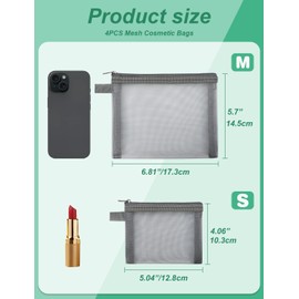 besharppin 4 Pack Mini Cosmetic Bags, Nylon Mesh Makeup Bag with Zipper for Home Office Purse Multipurpose Bag (Grey)
