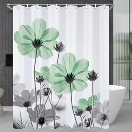 Watercolor Floral Shower Curtain, Sage Green Flower Shower Curtains for Bathroom, Modern Minimalist White Grey Rustic Farmhouse Fabric Stall Shower Curtain Set with Hooks 60x72 Inch