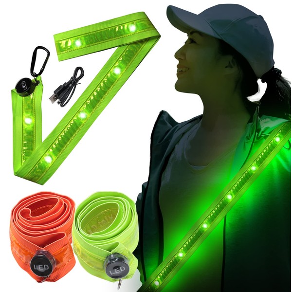 LINO PLANET Running Light, LED Belt, Reflector, Safety at Night, USB Charging, Rechargeable, Reflective Band, Safety Supplies, Luminous, Fluorescent, Bicycle, Walking (Light Green L)