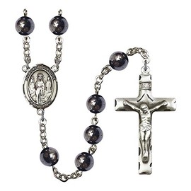 Our Lady of Knock Silver-Plated Rosary 8mm Hematite Beads Crucifix Size 1 3/4 x 1 medal charm