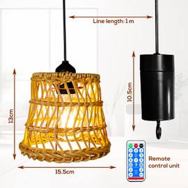 BORDEAG Rattan Lamp, Boho Lamp, Pendant Lamp with Remote Control, E27 Pendant Light, Ceiling Lamp, Hanging 1 m Textile Cable, Suitable for Bedroom, Restaurants and Outdoor Areas
