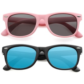Kursan Kids Polarized Sunglasses for Boys Girls TPEE Rubber Flexible Frame Shades Age 3-10 (Matte Pink + Bright Black/Blue Mirrored)