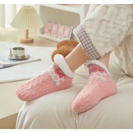 Fluffy Slipper Socks for Women Men Warm Holding Sock Non Slip Knitted Thick Lined Cosy Winter Floor Sock White