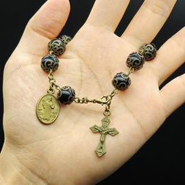 Tabai San Benito Bracelet Medalla and Crucifix Charm with Black Beads Rosary Bracelet Catholic Saint Benedict Medal Bronze Bracelets