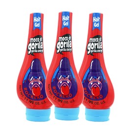 Moco de Gorila, Explosive Rocker Hair Styling Gel, Long-Lasting Hold, Reactivatable with water, 3-Pack of 11.92 Oz Each, 3 Squeezable Bottles.