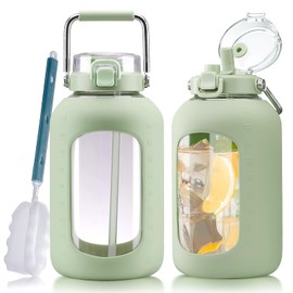 WINSA Large Glass Water Bottles with Stainless Steel Handle,100 oz Gallon Drinking Bottle with 2-in-1 Straw Lid,3 Liter Glass Water Jug with Silicone Sleeve,Wide Mouth,Light Green