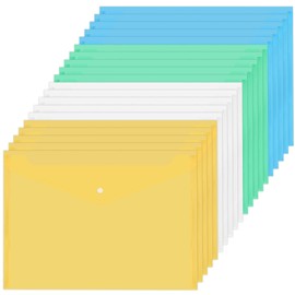 Pack of 20 A4 Document Wallets for Filing, Waterproof PP Document Folders A4 with Press Stud, Transparent Transparent Pocket Envelope Folder File Folder for Secretariat School (Transparent + Blue +