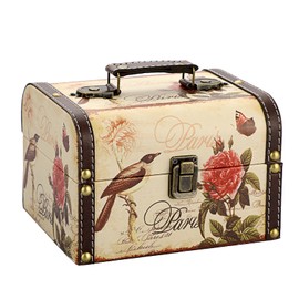SUMNACON Wooden + PU Leather Storage Box Jewelry Chest, Decorative Trinket Box Keepsakes Chest with Handle, Treasure Box Organizer for Gift (Bird Flower Pattern)