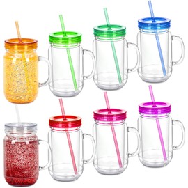 Micellwuu 20 Oz 8 Pack Acrylic Snowglobe Tumbler With Handle, Snow Globe Cups with Pre Drilled Hole, Double Wall Plastic Mason Jars with Handle for Snow Globe Glitter DIY (Colorful Lids)