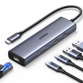 UGREEN USB C 3.2 Hub with Ethernet Adapter 10Gbps 5 in 1 USB C Hub with 2 USB C 3.2 Data,1 USB A 3.2, 1 USB A 2.0 Port and Gigabit RJ45 Ethernet Port Compatible with MacBook Pro，XPS 13 15