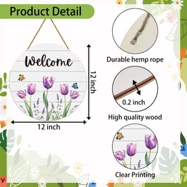 Spring Decorations for Home Front Door Decor Tulip Wreath Butterfly Wreaths for Front Door Wooden Spring Welcome Sign Hanger for Wall Porch Indoor Home Decor(Purple)