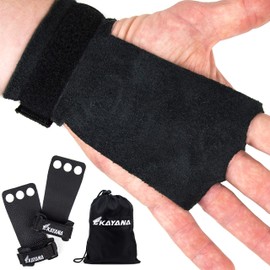 KAYANA 3 Hole Leather Gymnastics Hand Grips - Palm Protection and Wrist Support for Cross Training, Kettlebells, Pull ups, Weightlifting, Chin ups, Workout, Exercise (Youth Black, Small)