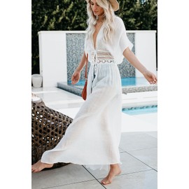 YouKD Women's Lace Floral Dress Loose Kaftan Boho Spacious Kimono Beach Bikini Cover Up Dresses, White