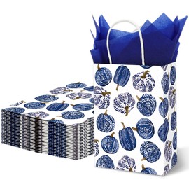 AnyDesign 24Pcs Fall Porcelain Pumpkin Paper Gift Bags with Tissue Paper Vintage Blue Chinoiserie Floral Pumpkin Treat Goodie Bag with Handles for Autumn Thanksgiving Party