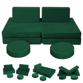 MeMoreCool Kids Couch, 8-Piece Modular Toddler Play Couch in Green, Convertible Foam Sofa Fort Builder Set with Machine Washable Plush Cover for Playroom Bedroom, Ages 1-5