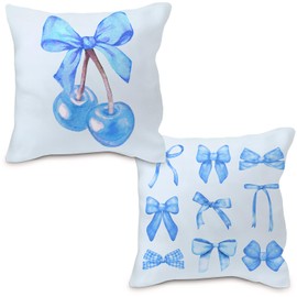 Nvotell Coquette Blue Bow Cherry Decorative Pillow Covers Set of 2 - Preppy Cherry Bow Couch Pillow Cases 18x18, Cherry Room Dorm Decor for Girls, Light Blue Pillow Covers for Sofa Bed