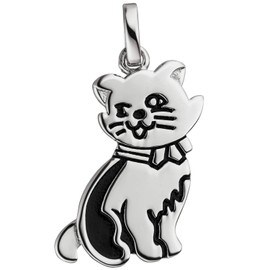 Jobo Women's Cat Pendant 925 Sterling Silver Black Lacquered, Silver, No Gemstone