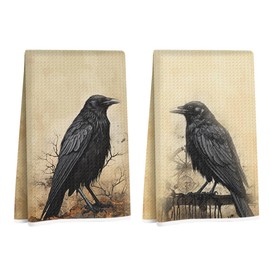 2Pcs Vintage Raven Kitchen Towels, Dark Aesthetic Decorative Absorbent Microfiber Dish Cloth Tea Towel, Durable Hand Towels for Farmhouse Home Bathroom Kitchen, Crow Gifts