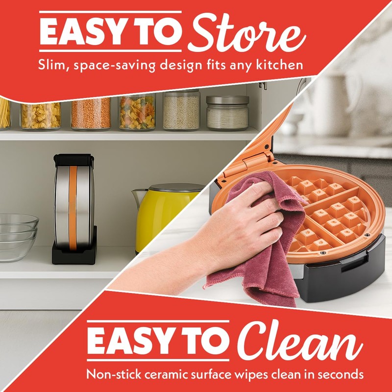 Gourmia Belgian Waffle Maker – Compact Design with Upright Storage,