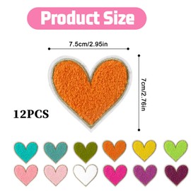 12pcs Heart Shaped Iron on Patches,2.95 x 2.76inch Colorful Embroidered Iron on Patch,Chenille Patches for Clothing,Heart Shape Sew on Patch for Clothes Jackets Jeans Hats Bags